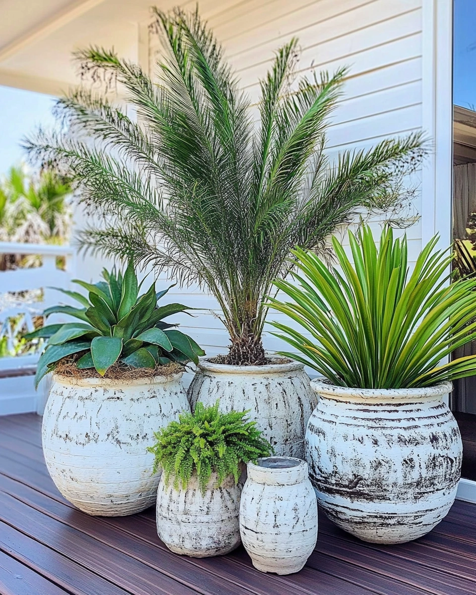 Coastal themed pots with various plants on a porch.