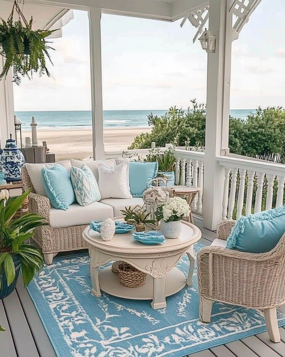 Cozy coastal patio seating with ocean view.