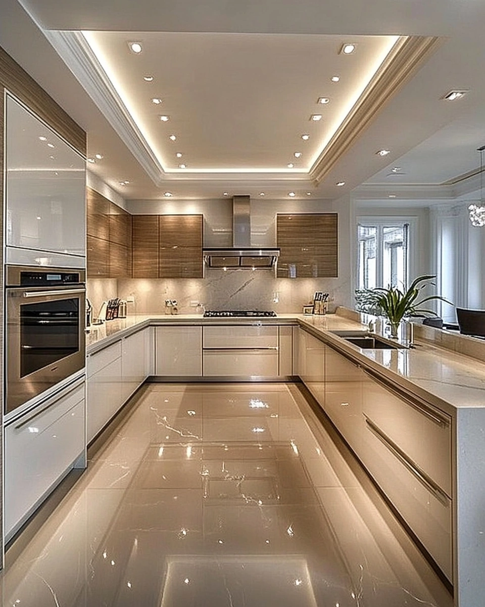 A luxurious modern kitchen featuring high-gloss cabinetry, under-cabinet lighting, a sleek marble backsplash, recessed ceiling lights, and a spacious layout with elegant finishes.