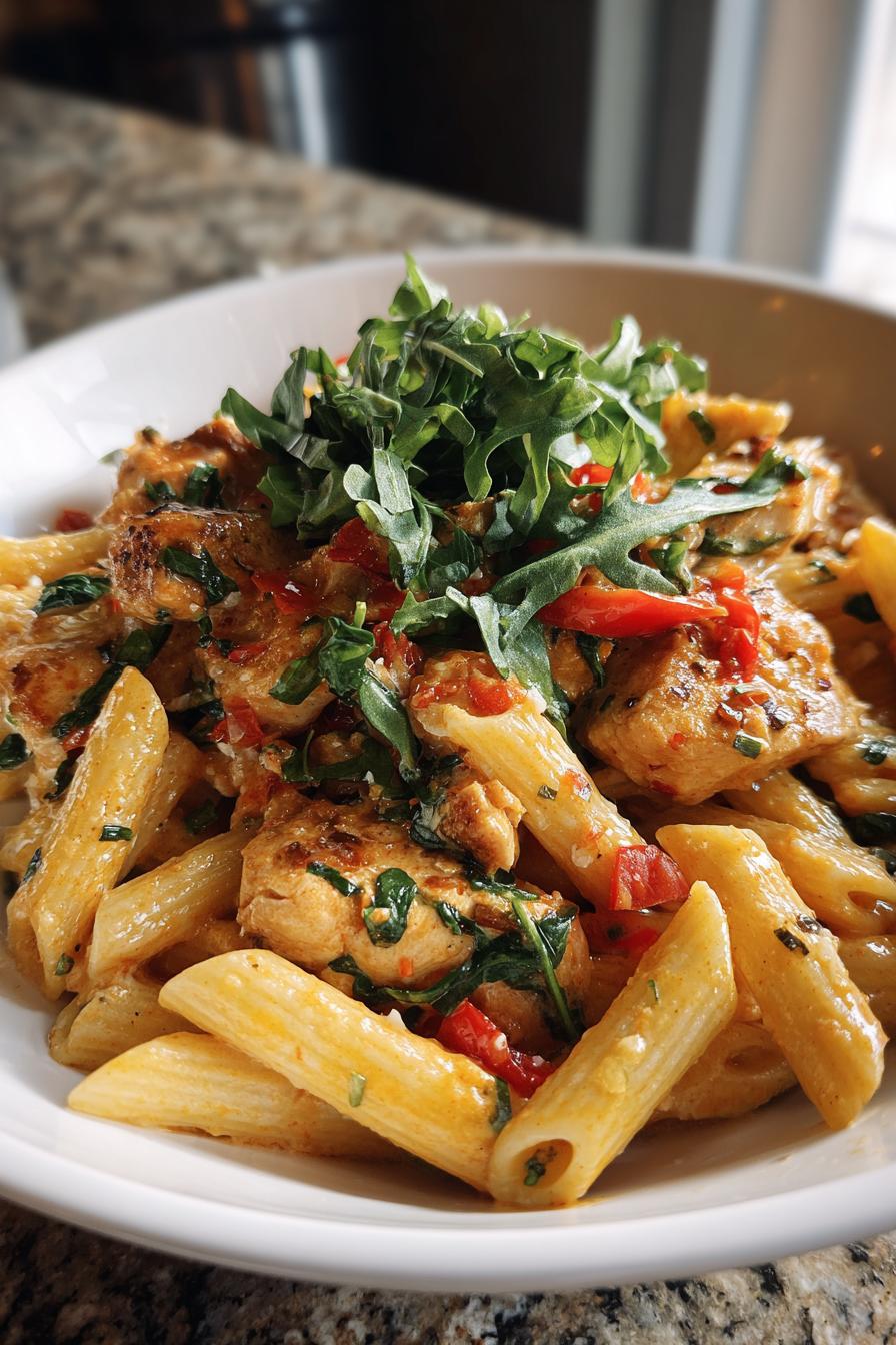 creamy roasted red pepper chicken pasta arugula basil - detail 1
