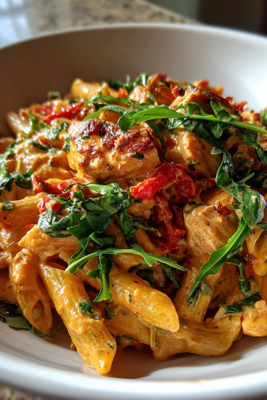 creamy roasted red pepper chicken pasta arugula basil - detail 2