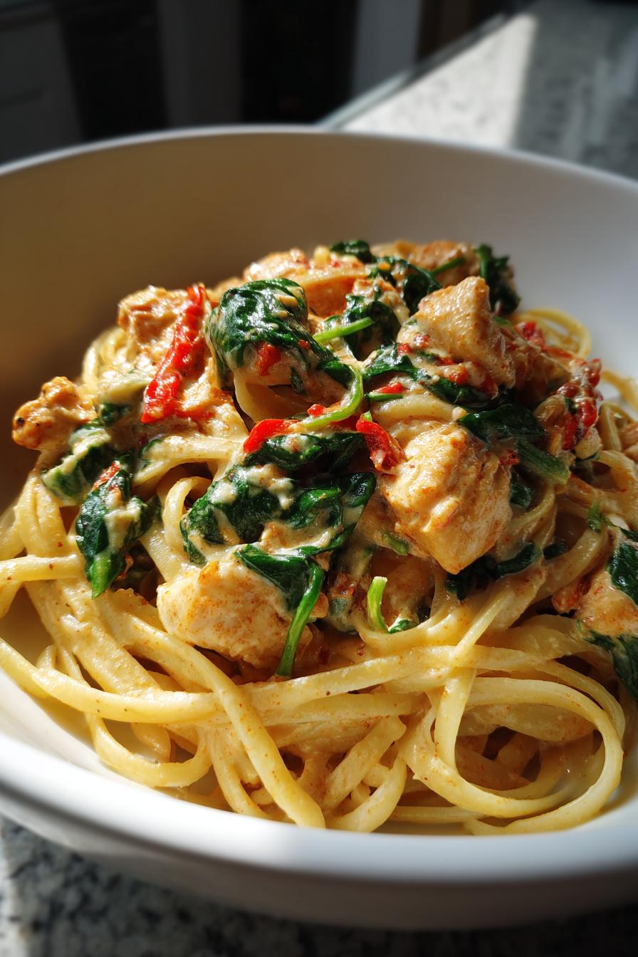 creamy roasted red pepper chicken pasta arugula basil