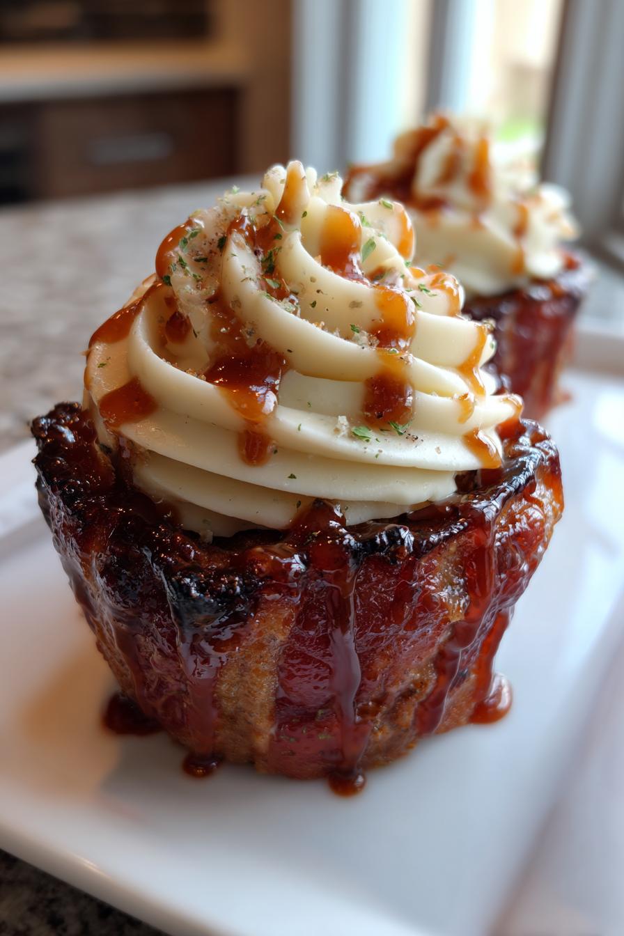 smoky bourbon bbq bacon wrapped meatloaf cupcakes with mashed potato frosting